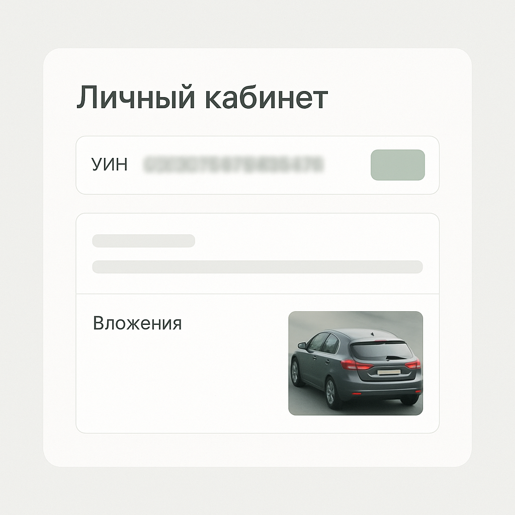Условный кабинет: поле УИН, карточка штрафа и блок вложений с миниатюрой снимка