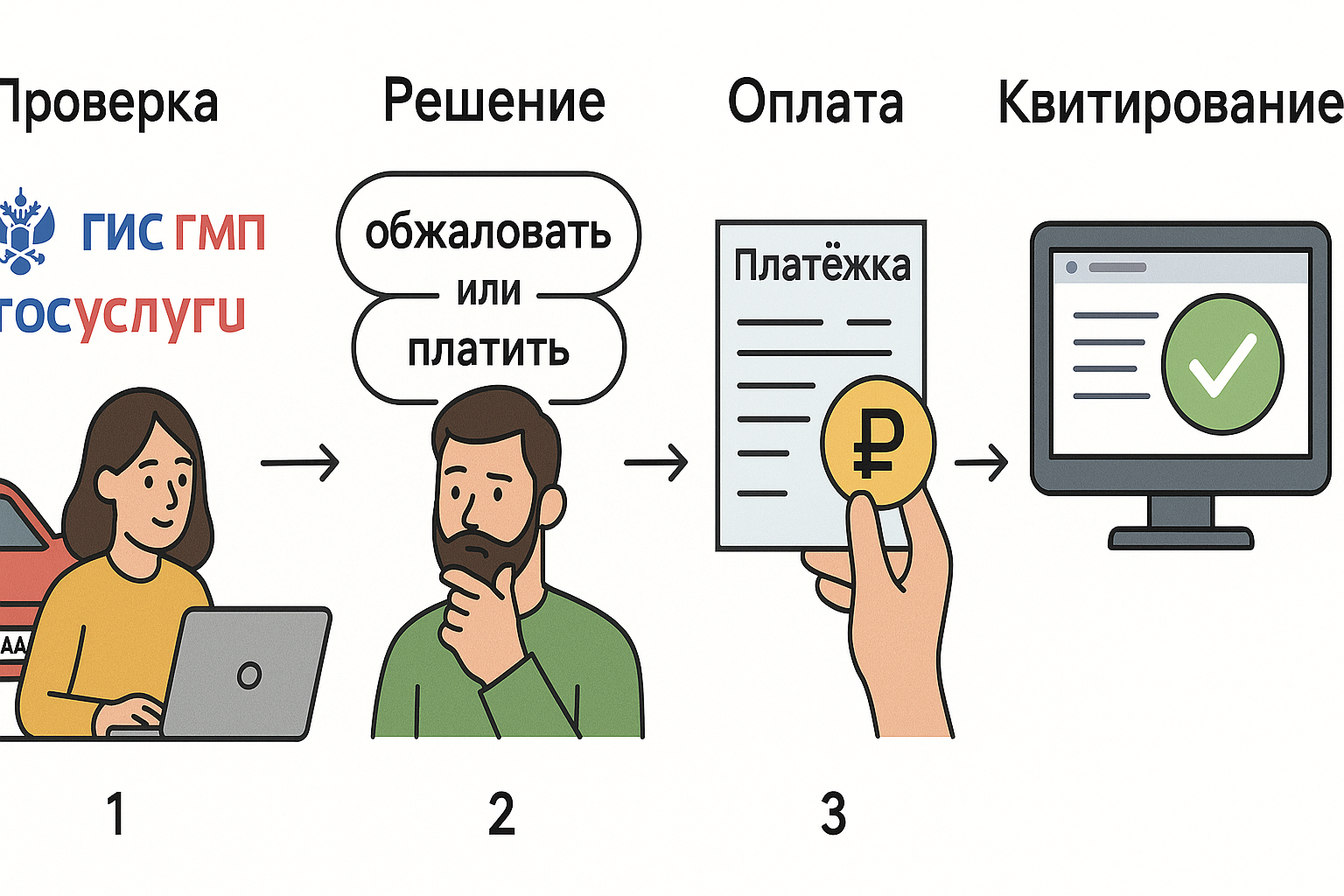 Цикл контроля штрафов в компании: реестр, проверка, решение, оплата, квитирование